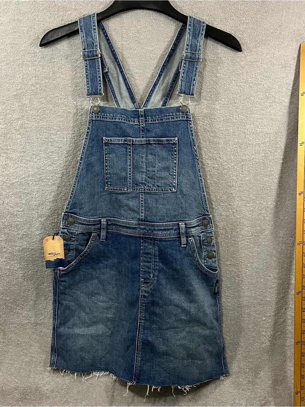 Silive Jeans Skirtall Denim Overalls Mini Dress women’s Medium Blue Raw Hem NWT